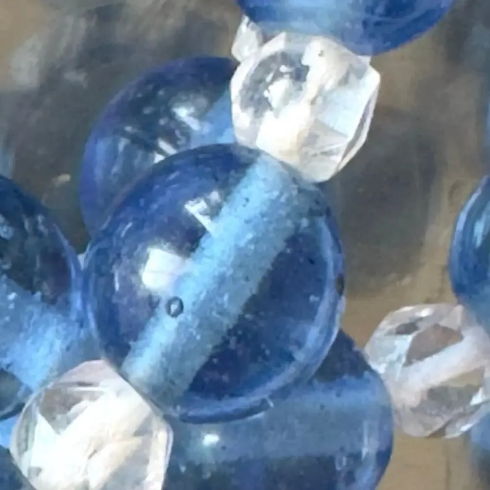 23” Blue & Clear Hand Blown Glass Flapper Necklace 1930s Beaded Vintage 2.7oz
